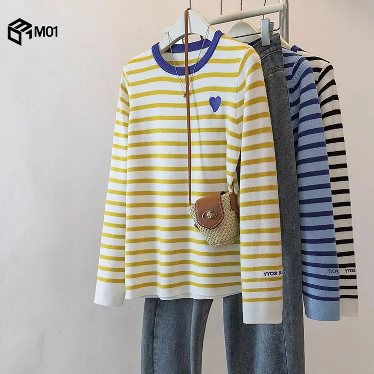 M01黄色条纹长袖T恤针织衫女2025新款春秋冬小众撞色圆领打底上衣