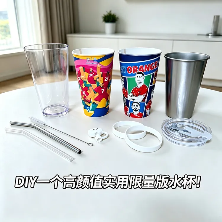 瑞幸葡萄牙国家队超大PP杯DIY改造全套600ml不锈钢内胆外壳盖子