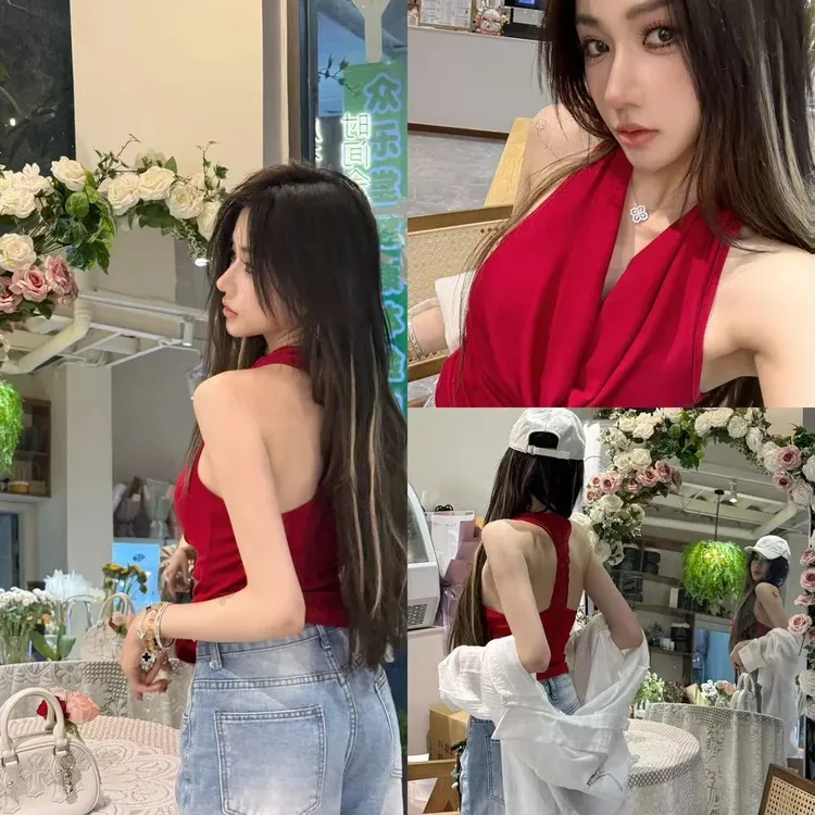 蕾丝接拼露背荡领吊带背心上衣（红色）