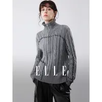 ELLE女装绵羊毛绞花半高领毛衣2025冬季新款休闲针织衫EM52876