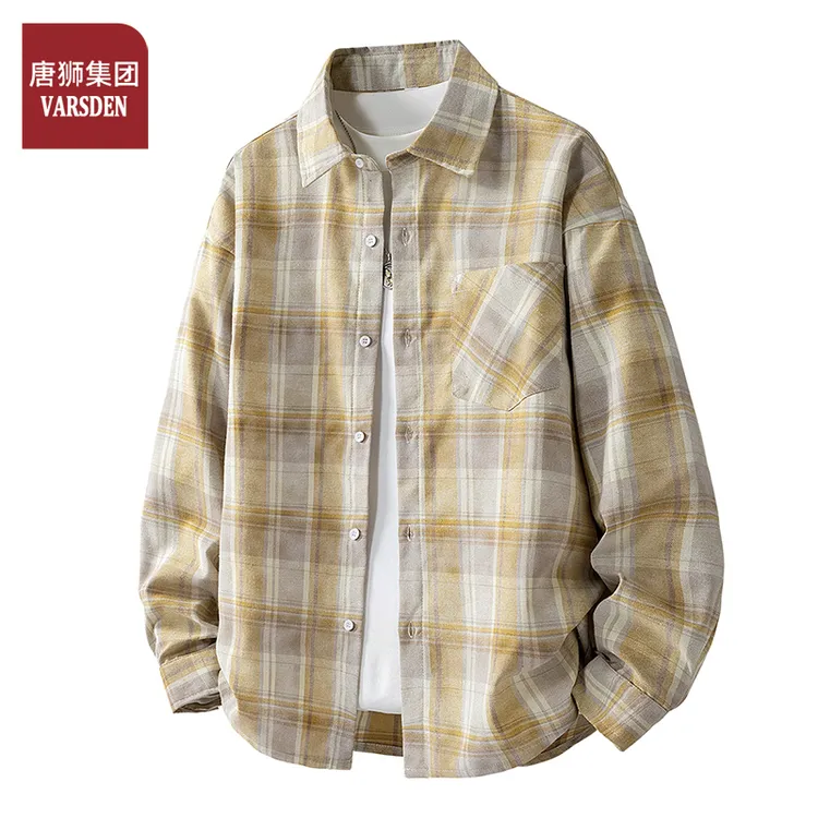 唐狮集团Varsden日系复古格子长袖衬衫男春秋季潮牌休闲百搭衬衣