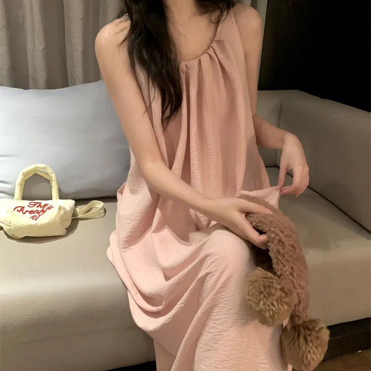 GPSUNLU睡衣女款韩版纯欲风宽松纯棉背心无袖睡裙可外穿夏季纯色