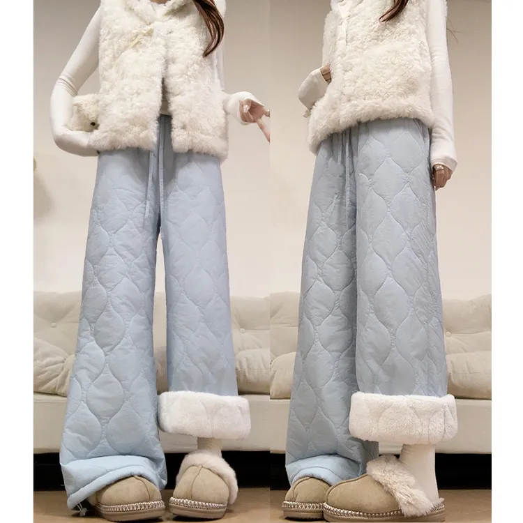 蓝色羊羔绒东北棉裤女2025秋冬加绒加厚保暖防寒裤子小个子阔腿裤
