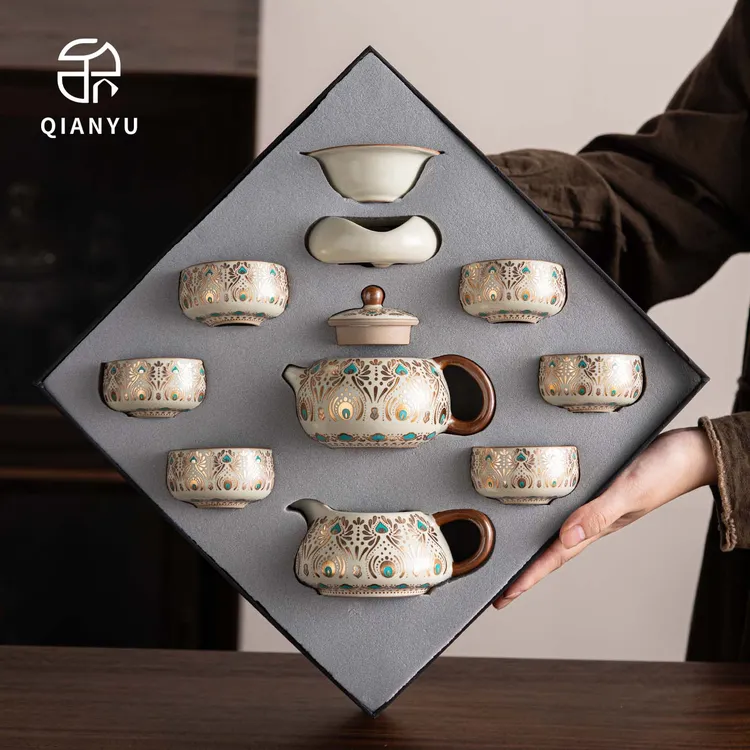 新款德化汝窑敦煌功夫茶具套装喝茶专用泡茶壶茶杯送人乔迁礼盒装
