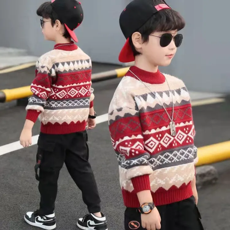 2025冬季加绒加厚男童针织衫套头加厚新款韩版中大童毛衣