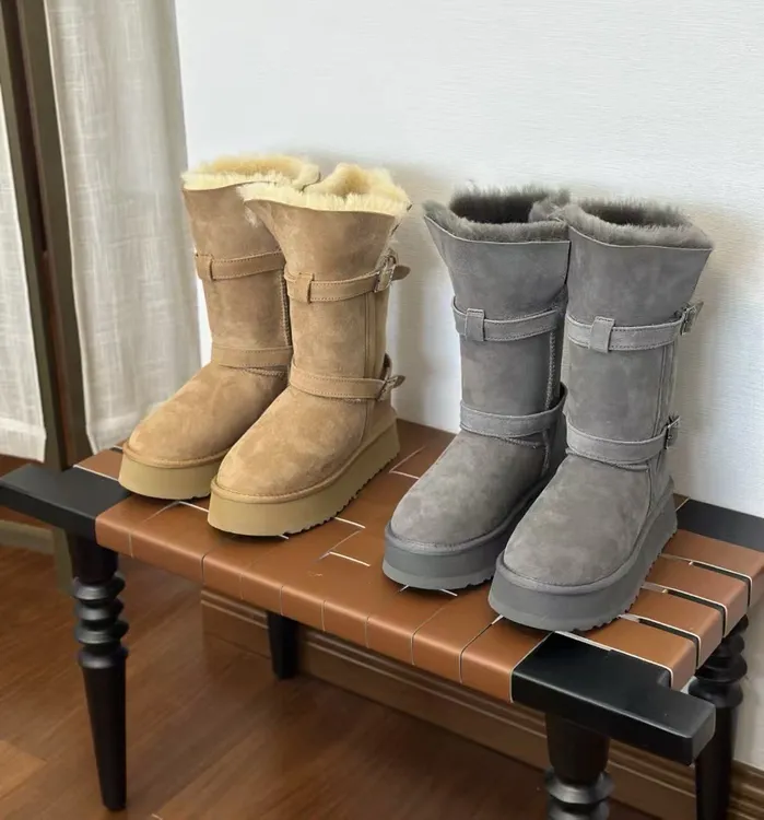 [高筒骑士靴]1206双开口羊皮毛一体28cm新款双皮扣两穿雪地靴百搭