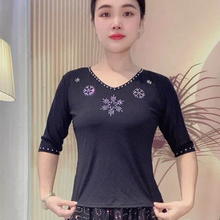时尚百搭镶钻蕾丝民族五分拉丁舞女士上衣黑色夏季