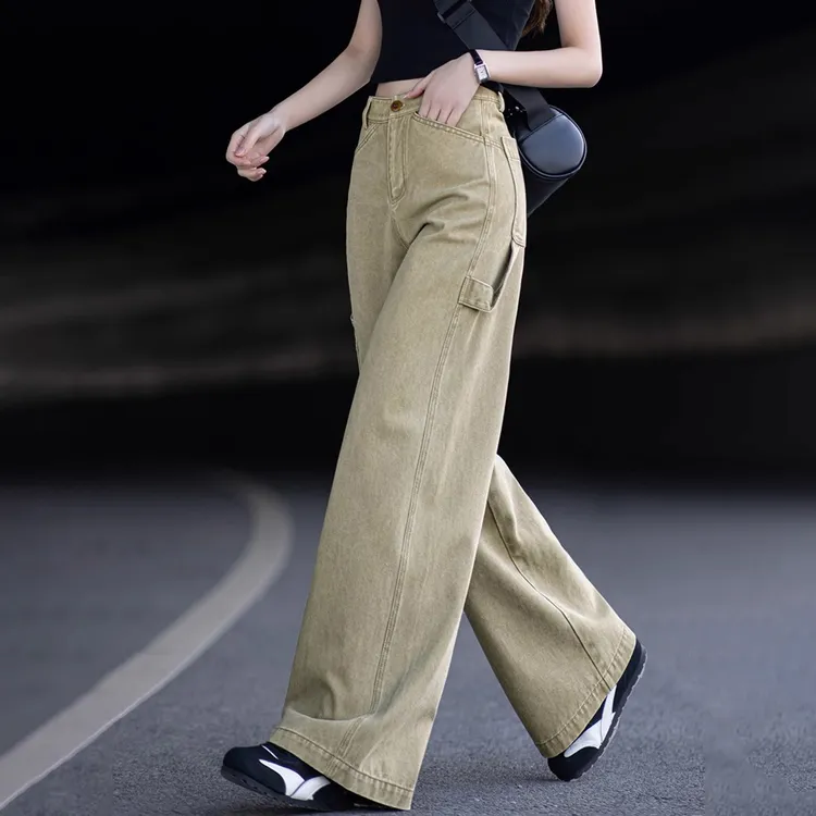 卡其工装阔腿牛仔裤女款2025春秋季新款高腰宽松显瘦设计感直筒裤