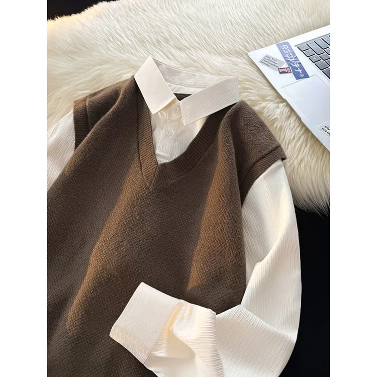 咖啡色假两件衬衫领针织卫衣男美式学院风polo衫上衣内搭情侣毛衣