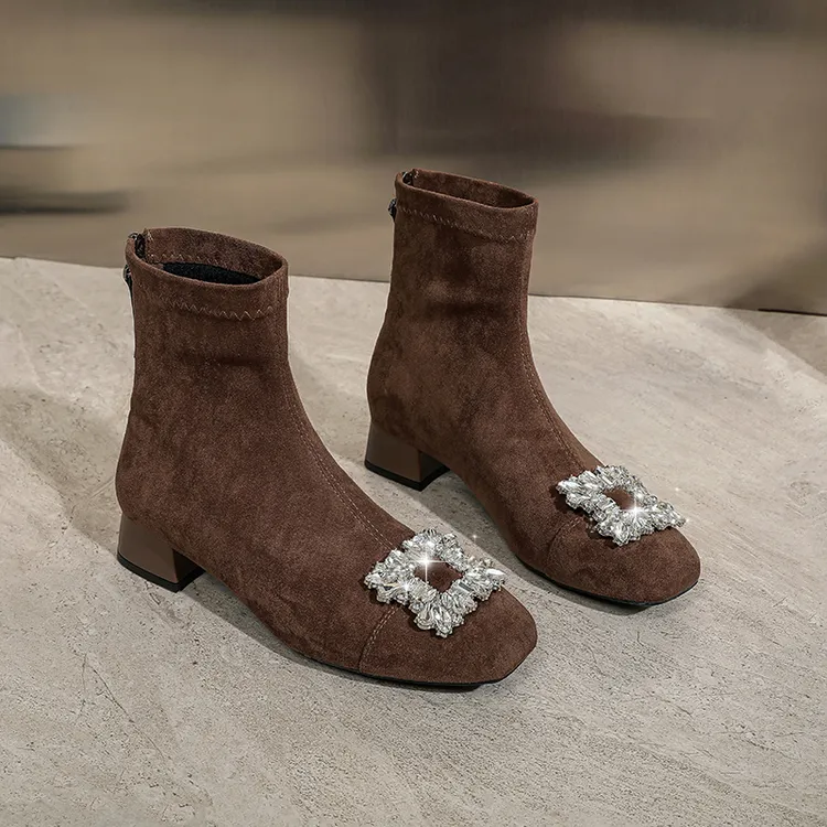 马丁靴女秋冬季新款单靴水钻瘦瘦靴方头中跟粗跟后拉链短爆款靴子