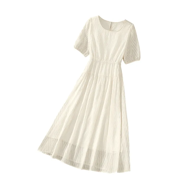 她池2025夏季新款女装气质圆领套头中长款收腰连衣裙T52Z1867L