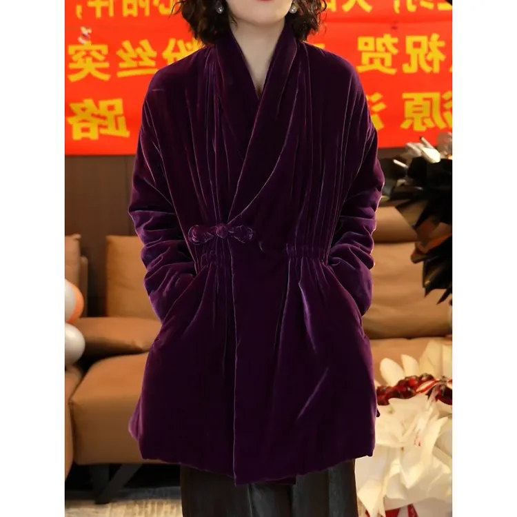 高档时尚气质洋气轻奢丝绒夹棉外套2025冬季新款抽褶收腰保暖棉服