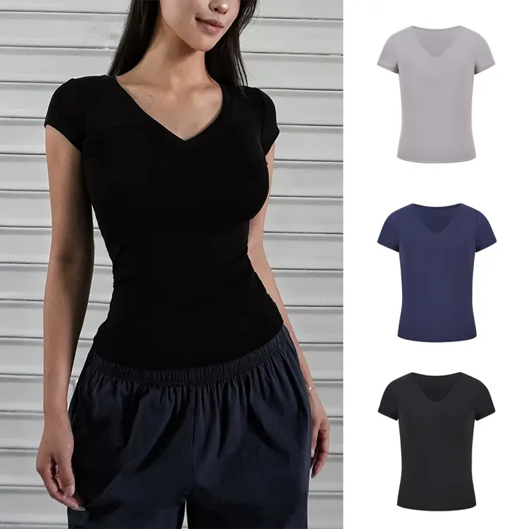 Moses Queen/魔西女王修身百搭短袖T恤女V领弹力收腰显瘦内搭上衣