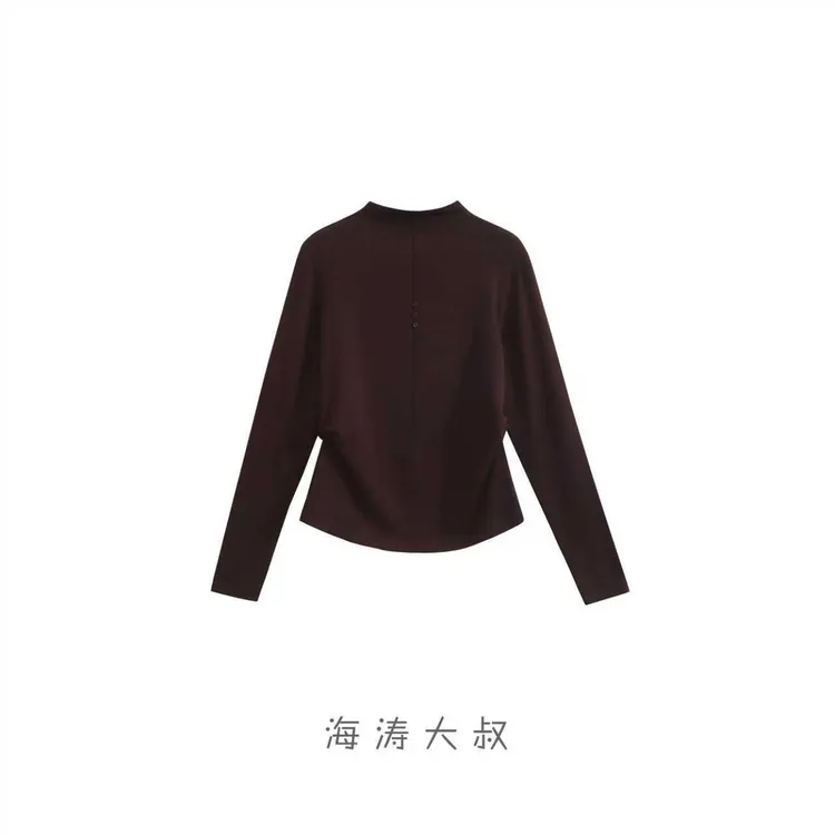 【天花板系列】正反穿捏褶三粒扣半高领长袖小蛮腰T恤