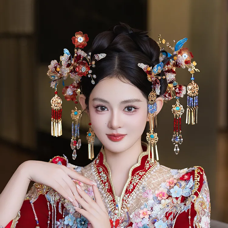 合金婚庆饰品 中式新娘宫廷红蓝撞色甜美国风造液花婚礼头饰G0338