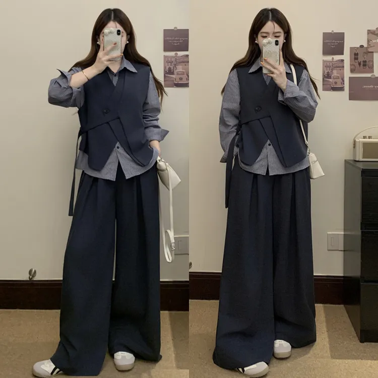 大码胖mm秋季新款不规则马甲条纹衬衣阔腿裤松弛感三件套装女