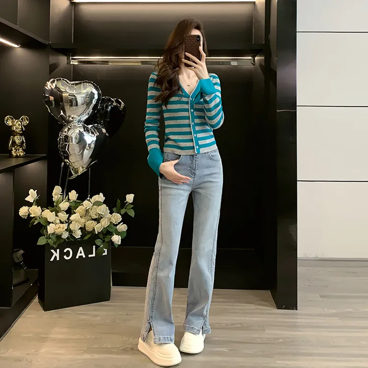 港风复古休闲套装女2025秋新款条纹长袖开衫上衣高腰牛仔裤两件套