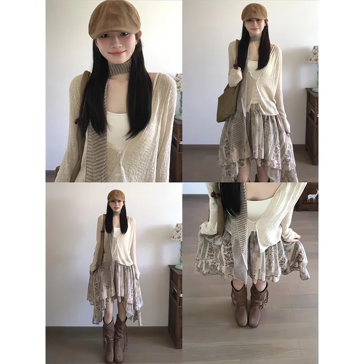 2025新款女士早秋季慵懒风宽松长袖单排扣针织外套上衣高腰半身裙