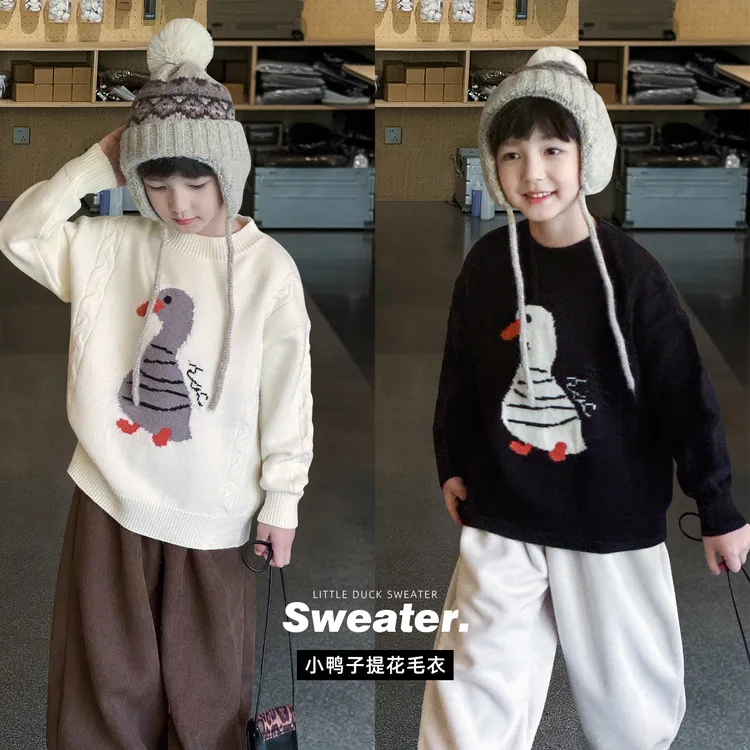 棉小班童装冬季新款可爱小鸭提花宝宝针织衫加厚圆领毛衣AMY5024