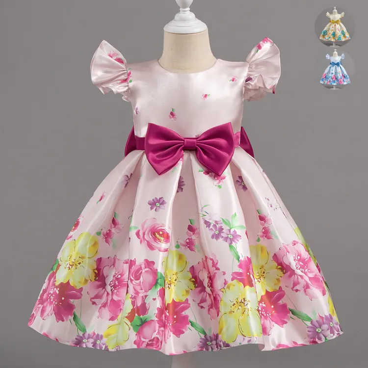 儿童礼服欧美印花裙子女童装公主裙蝴蝶结连衣裙2025夏季洋气时尚