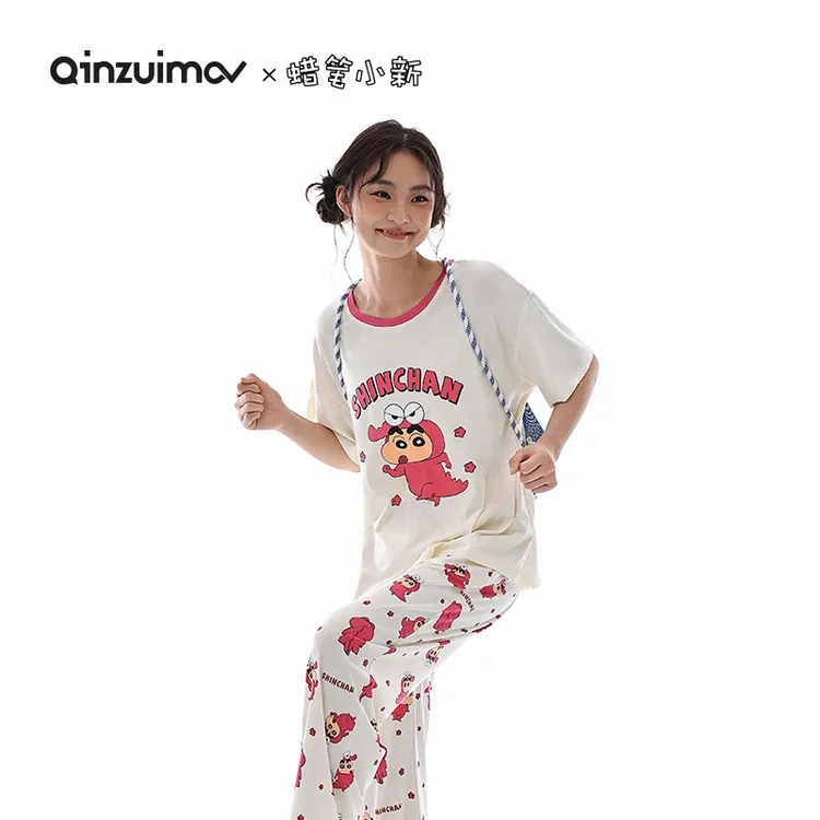 亲嘴猫【蜡笔小新】短袖长裤睡衣女春夏季莫代尔棉家居服套装外穿
