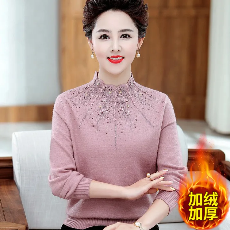 中年妈妈秋冬毛衣中老年女装半高领加绒加厚针织打底衫上衣40岁50
