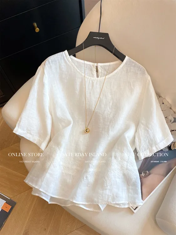 2025夏季新款韩系设计感刺绣气质小众短袖衬衫女简约气质百搭上衣