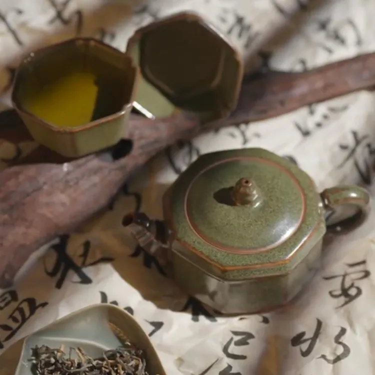 【觀文荐瓷】耀州窑茶叶末釉150ml茶叶末八方壶茶具套装1壶2杯