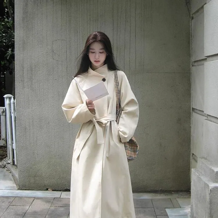 初木原白色立领中长款风衣外套女2025春秋新款小个子休闲日系大衣