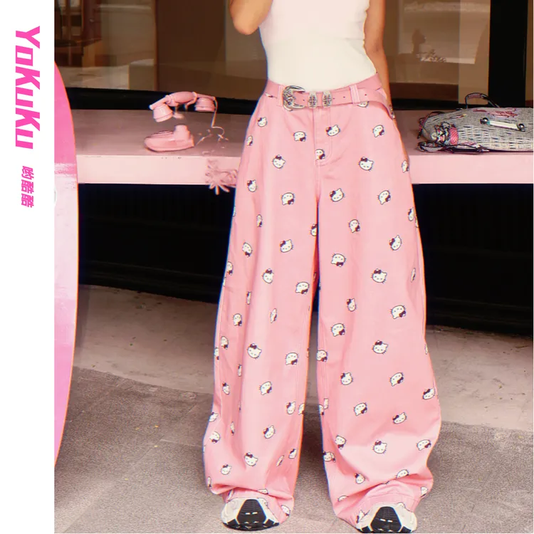 哟酷酷（猫猫很哇塞）定制kitty猫高定拔印花显腿长中低腰阔腿长裤