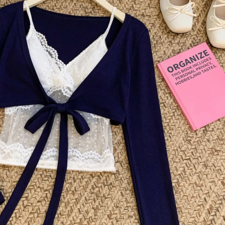 肌理感V领绑带短款开衫上衣纯欲辣妹性感蕾丝花边美背透气内搭