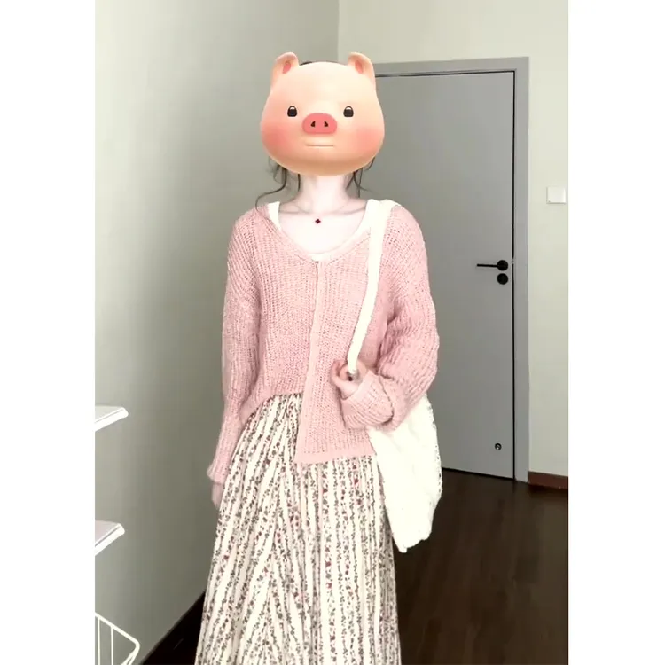 2025早秋新款女法式气质V领修身长袖针织上衣高腰显瘦碎花半身裙