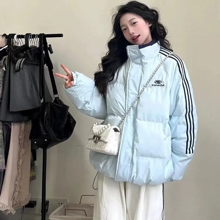 情侣美式复古字母立领棉服男女条纹潮牌宽松学院风棉衣外套