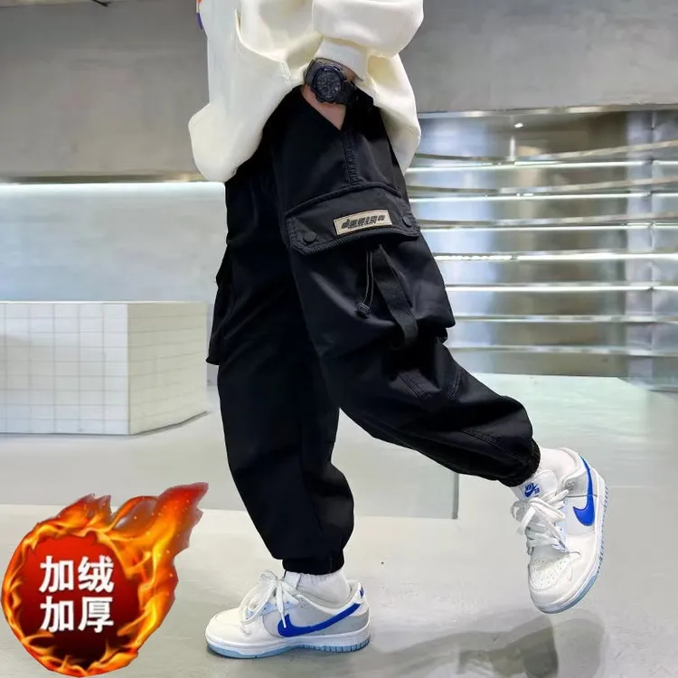 男童加绒工装裤秋冬款2025新款冬季男孩中大儿童休闲裤酷帅韩版潮