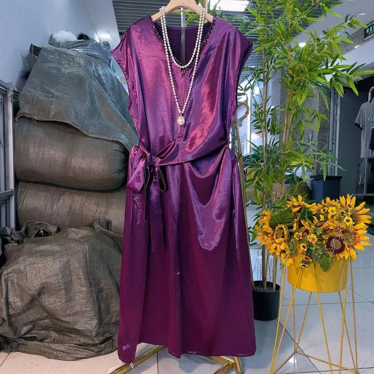 欧货气质V领绑带醋酸连衣裙胖妹妹遮肉显瘦时尚设计高贵爱美1019