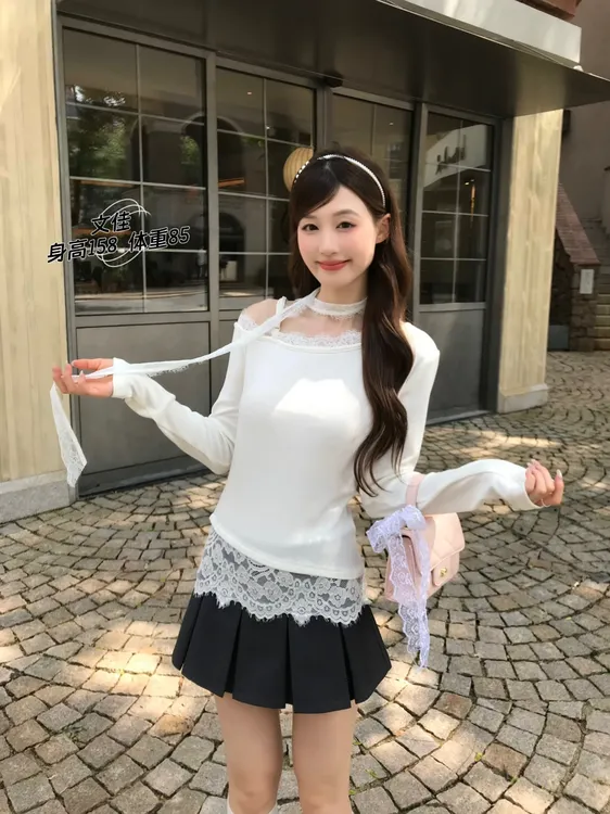 【恋爱日记】韩系纯欲风斜肩不规则蕾丝拼接辣妹百搭长袖T恤5Q320