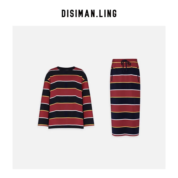 迪丝嫚苓红蓝条色套装宽松舒适休闲百搭针织长袖条纹小众原创设计