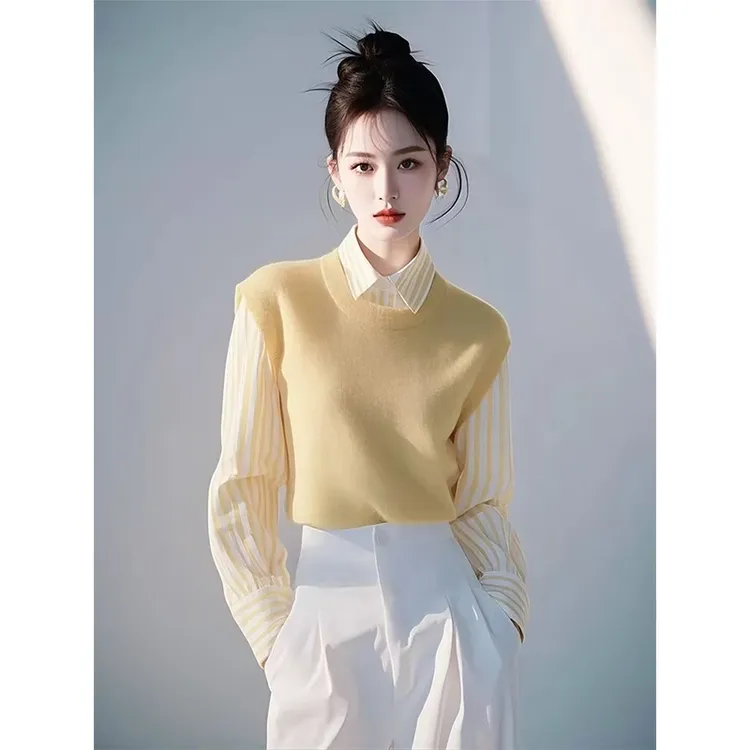 2025春装新款条纹衬衫叠穿马甲高级感轻奢减龄洋气小众上衣裤子女