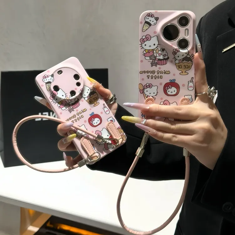 波点雪糕kitty皮绳适用苹果16promax手机壳华为p70vivo小米15oppo