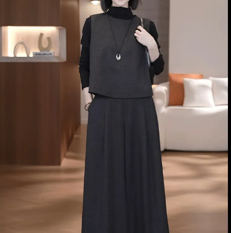 复古文艺气质套装2025秋冬新款打底衫毛呢马甲阔腿裤高级感三件套