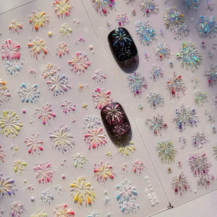 网红爆款绚烂新年彩色烟花图案美甲猫眼贴纸浮雕背胶指甲装饰品