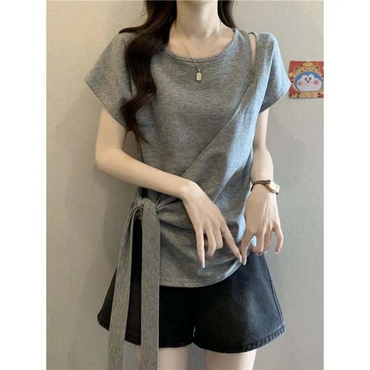 大码女装遮肚子不规则绑带正肩短袖T恤女胖妹妹显瘦遮肉别致上衣