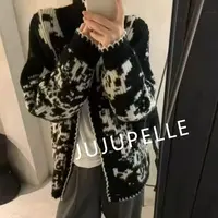 羊驼毛+羊毛~高品质黑白撞色慵懒风秋冬提花外套毛衣针织开衫女款