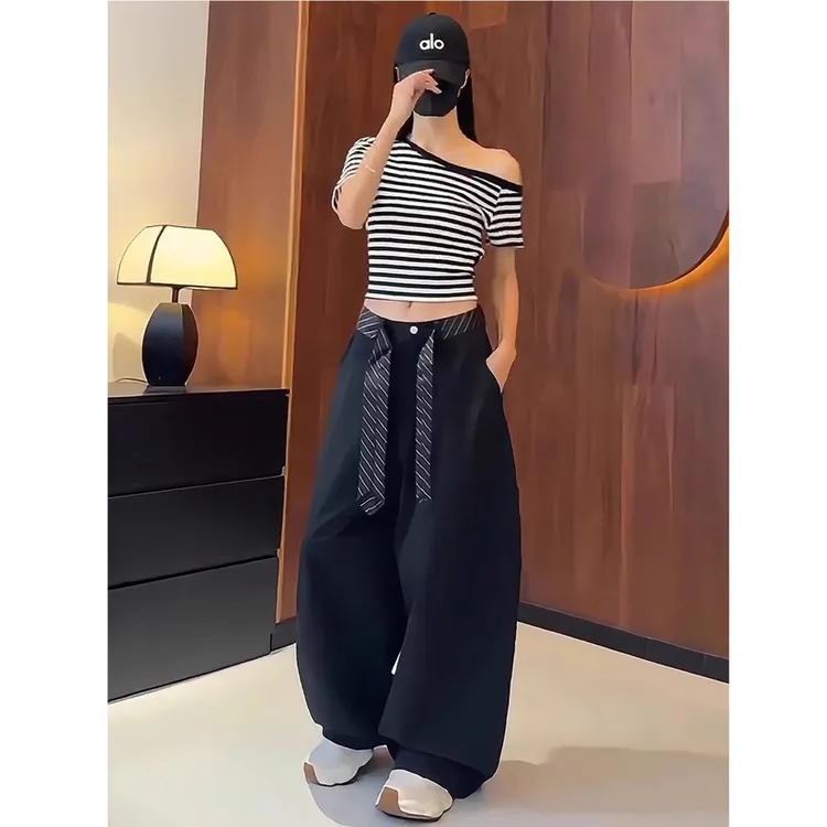 2025新款白色带腰带弯刀工装裤女款高腰宽松阔腿裤直筒裤子小个子