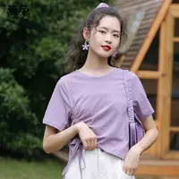 慕兔ins白色抽绳短袖t恤女薄款夏2025新款宽松显瘦短款上衣t桖潮