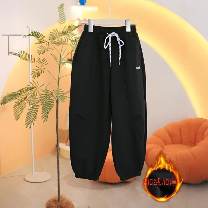 【高品质】一体绒儿童韩刺绣卫裤秋冬加绒加厚男女童新款收口裤洋气