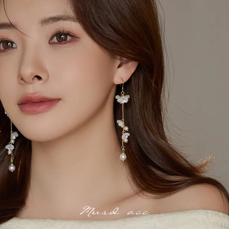 合金耳饰 慕司小D铃兰花长款流苏耳环女无耳洞蚊香盘耳夹仙气超仙