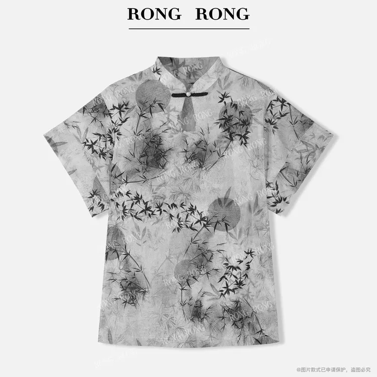 溶溶【丝竹墨画】RONGRONG 水滴门襟国风水墨画印花网纱上衣T-B0074