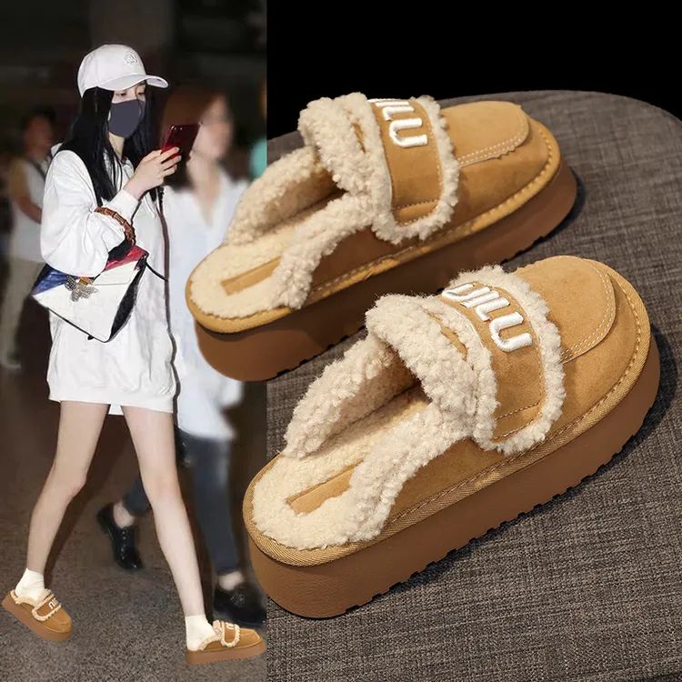 网红包头半拖鞋女秋冬2025新款外穿懒人松糕厚底加绒棉拖ins休闲~