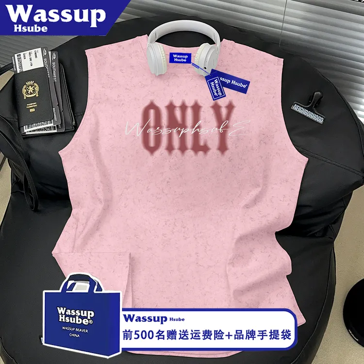 WASSUP HSUBE高街字母印花纯棉坎肩背心男女运动重磅无袖T恤夏季